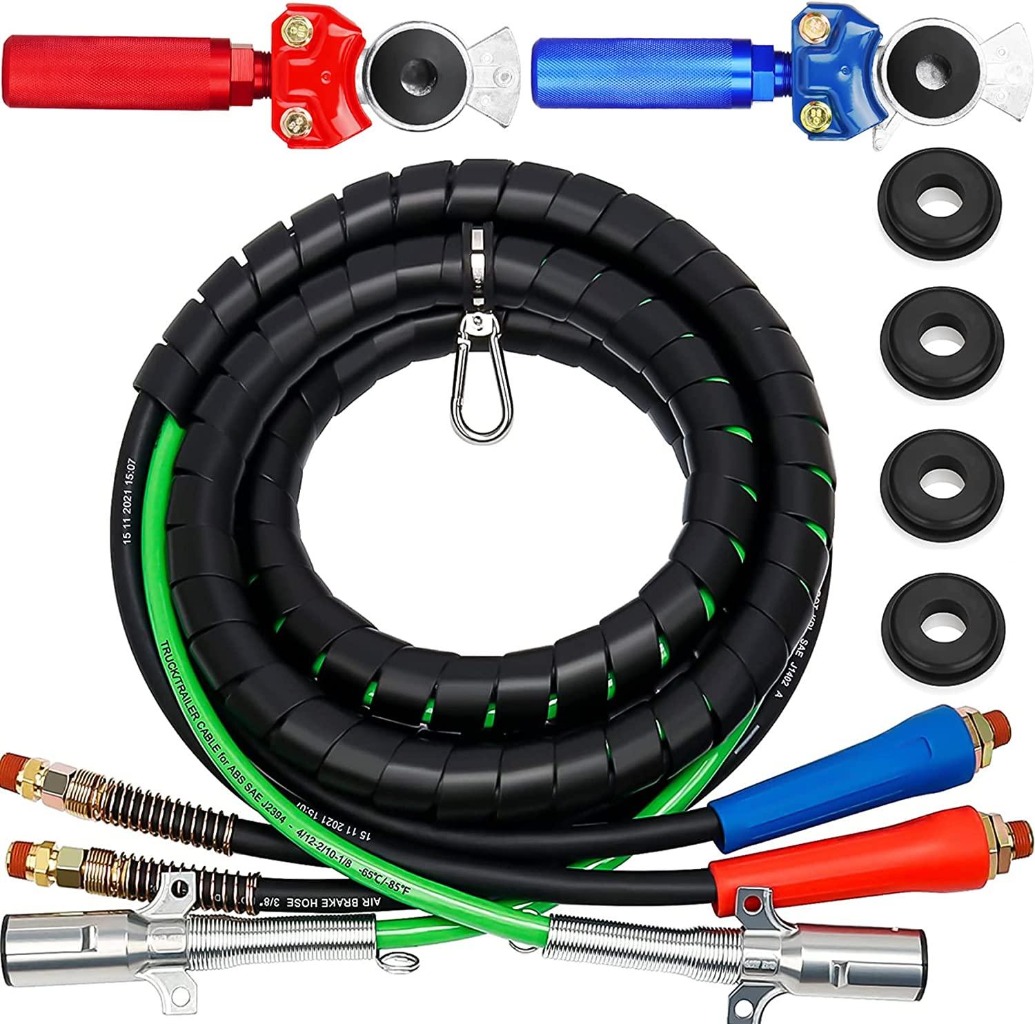 Autsurles 12ft 3 in 1 Trailer Air Line Hose Wrap Assembly with Handle Grip 7 Way Electrical Cable ABS & Power Air Line for Semi Truck Trailer Tractor