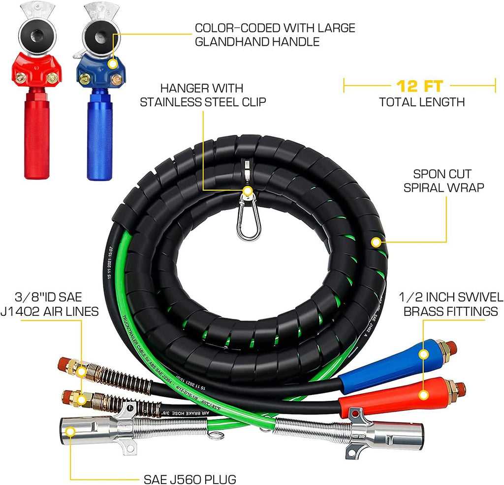 Autsurles 12ft 3 in 1 Trailer Air Line Hose Wrap Assembly with Handle Grip 7 Way Electrical Cable ABS & Power Air Line for Semi Truck Trailer Tractor