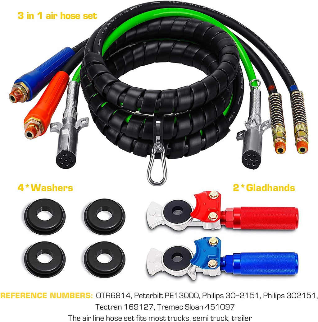 Autsurles 12ft 3 in 1 Trailer Air Line Hose Wrap Assembly with Handle Grip 7 Way Electrical Cable ABS & Power Air Line for Semi Truck Trailer Tractor
