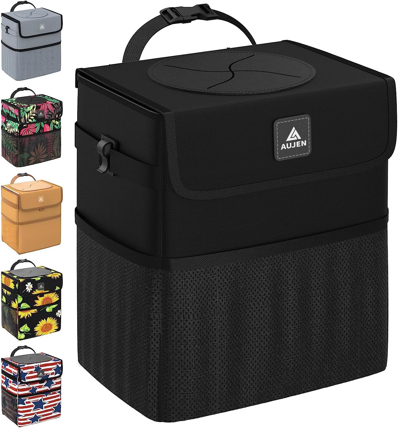 AUJEN Car Trash Can - Leakproof &amp; Durable Car Accessory for Interior with Waterproof Lining, Multifunctional Car Organizer and Storage with Adjustable Straps &amp; Side Hooks, 10.43 * 9.65 * 5.91 Inch