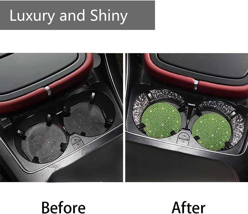 2pcs Bling Car Cup Holder Coaster, 2.75 inch Anti-Slip Shockproof Universal Fashion Vehicle Car Coasters Insert Bling Rhinestone Auto Automotive Interior Accessories for Women (2 pcs, Light Green)