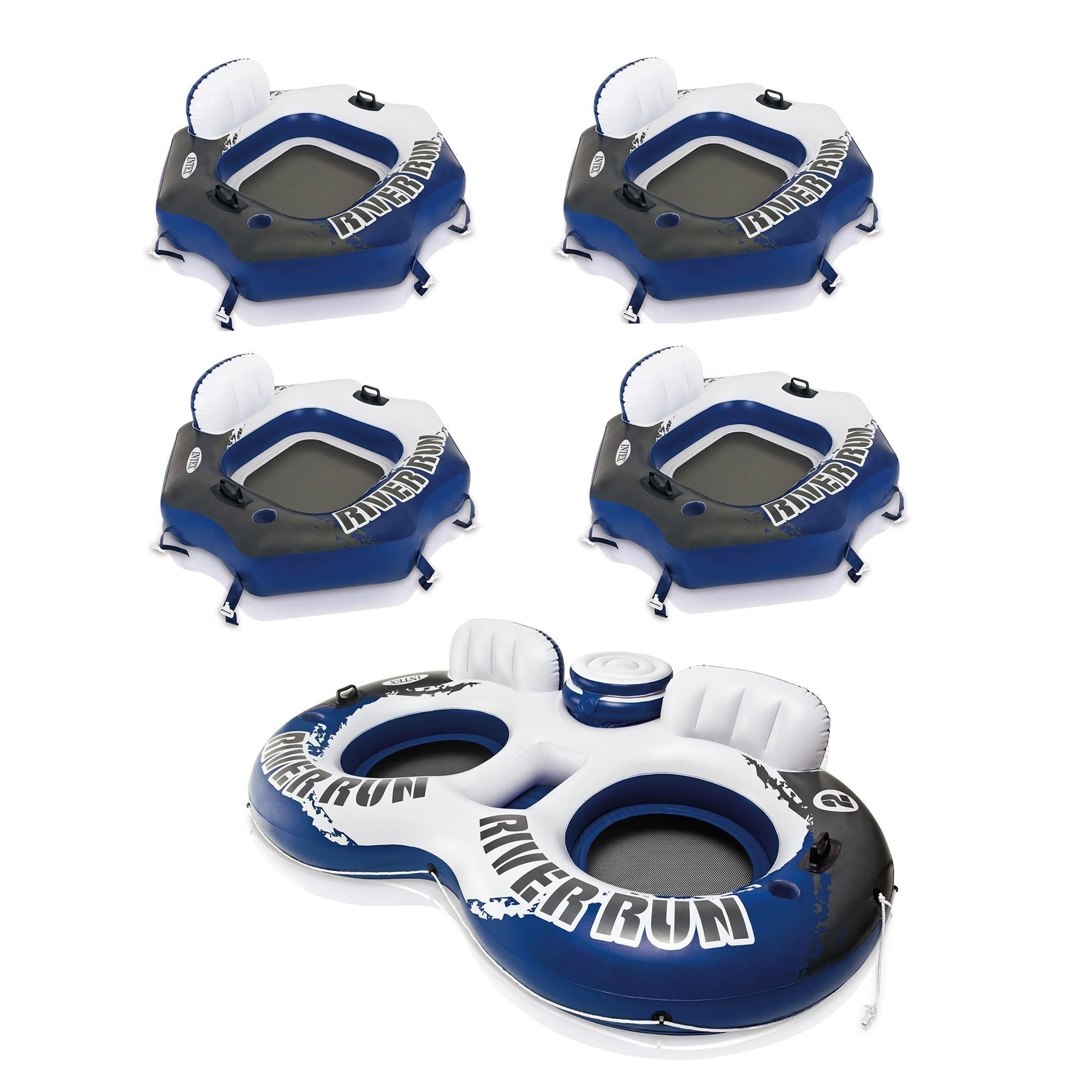 River Run Connect Inflatable Water Raft (4 Pack) + 2 Person Cooler Tube