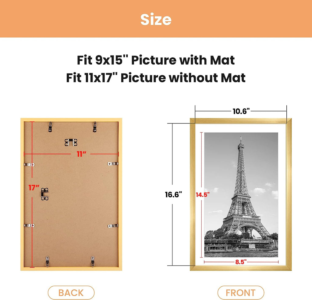 upsimples 11x17 Picture Frame Set of 5, Display Pictures 9x15 with Mat or 11x17 Without Mat, Wall Gallery Photo Frames, Gold