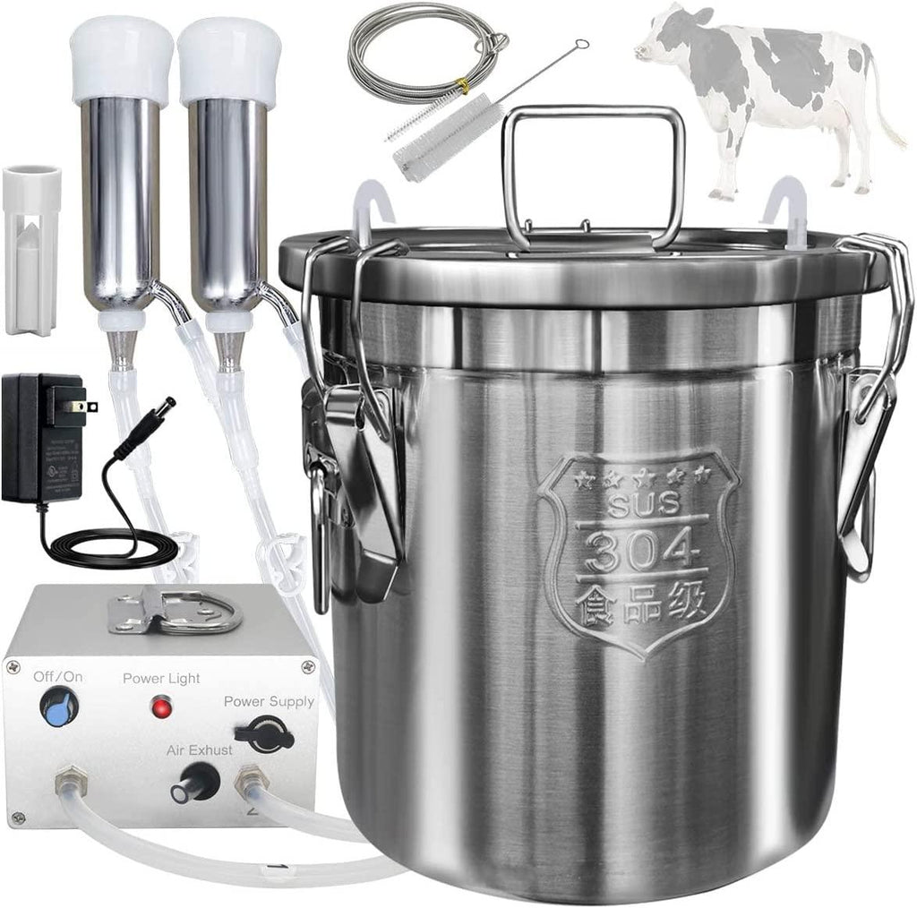 Hantop 12L Cow MilMachine, Portable Plug-in Pulsating Vacuum Pump, Food Grade 304  Steel Milk Bucket with Auto Stop Check Valve and Teats Cups Cow Milker Machine (Classic Model)