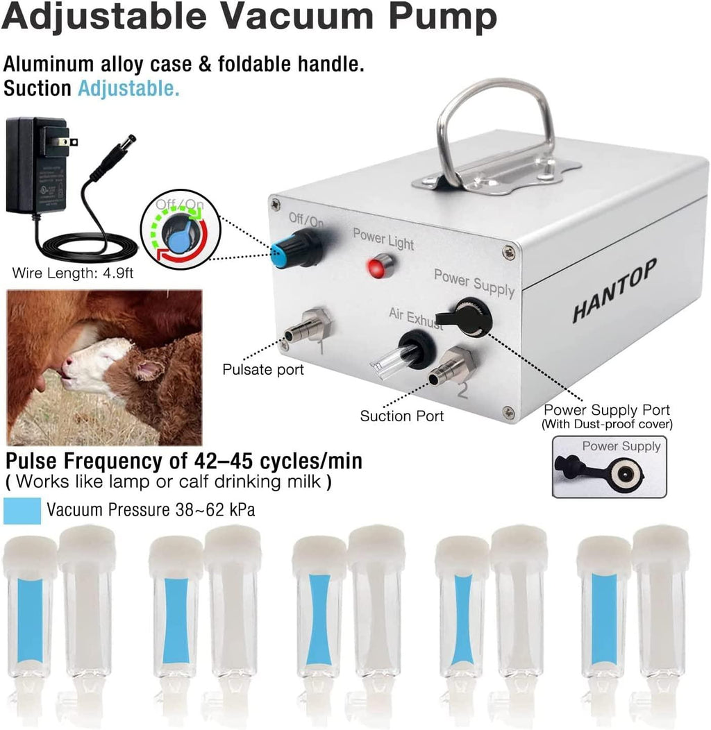 Hantop 12L Cow MilMachine, Portable Plug-in Pulsating Vacuum Pump, Food Grade 304  Steel Milk Bucket with Auto Stop Check Valve and Teats Cups Cow Milker Machine (Classic Model)