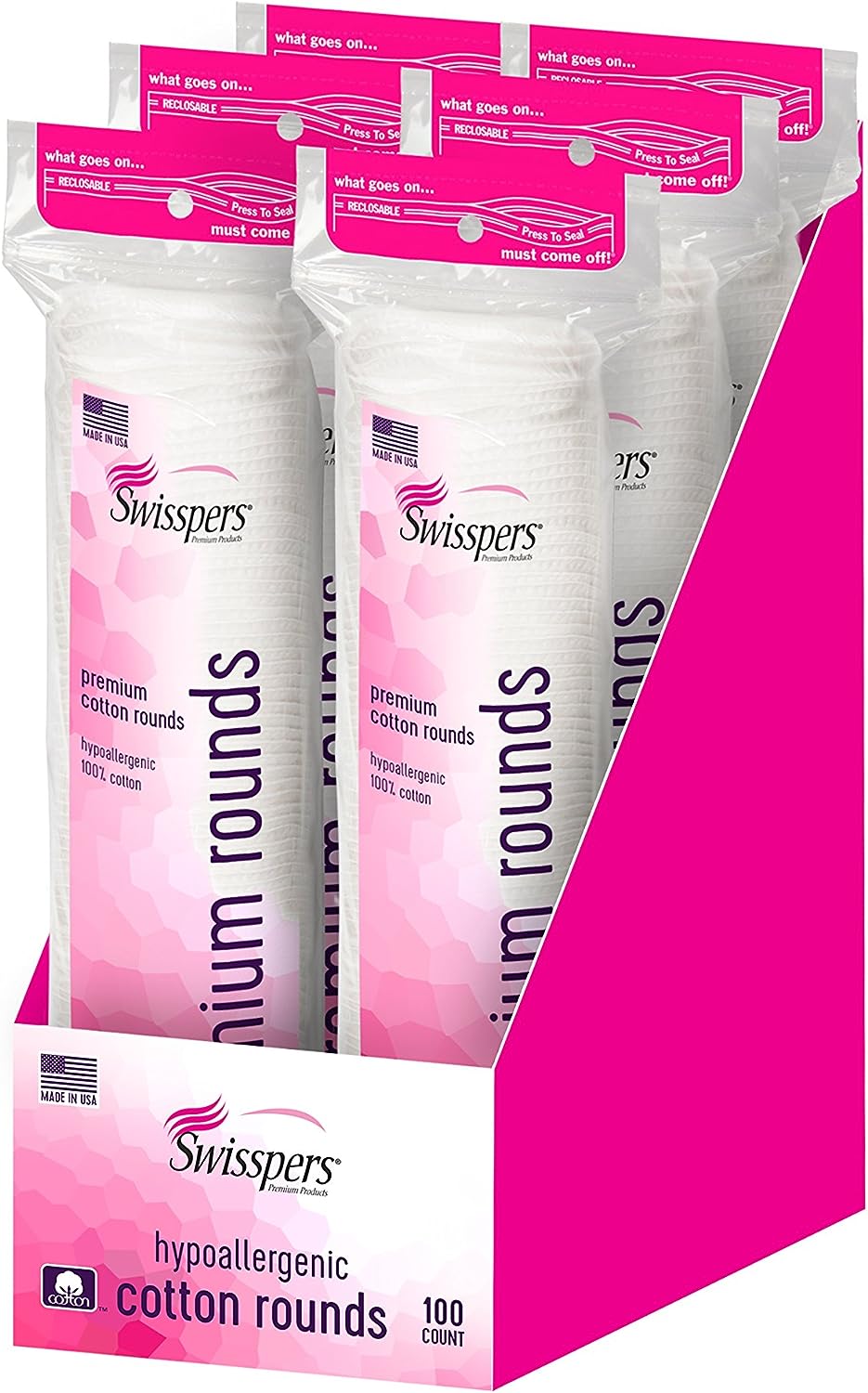 Swisspers Premium 100% Natural Cotton Rounds, Hypoallergenic, Reclosable Bags, 100-Count Bags, 6-Pack (600 Count Total)