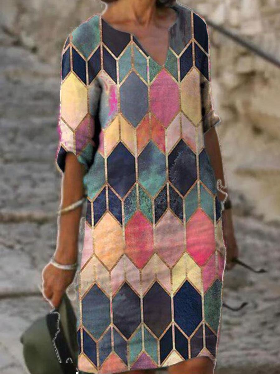 V-neck Printed Casual Loose Fashion Shift Dress