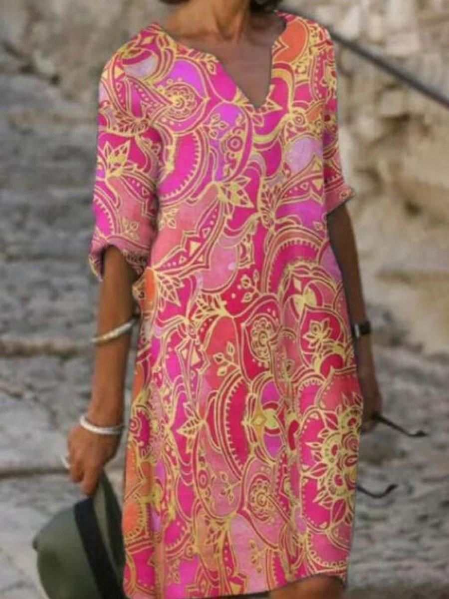 V-neck Printed Casual Loose Fashion Shift Dress
