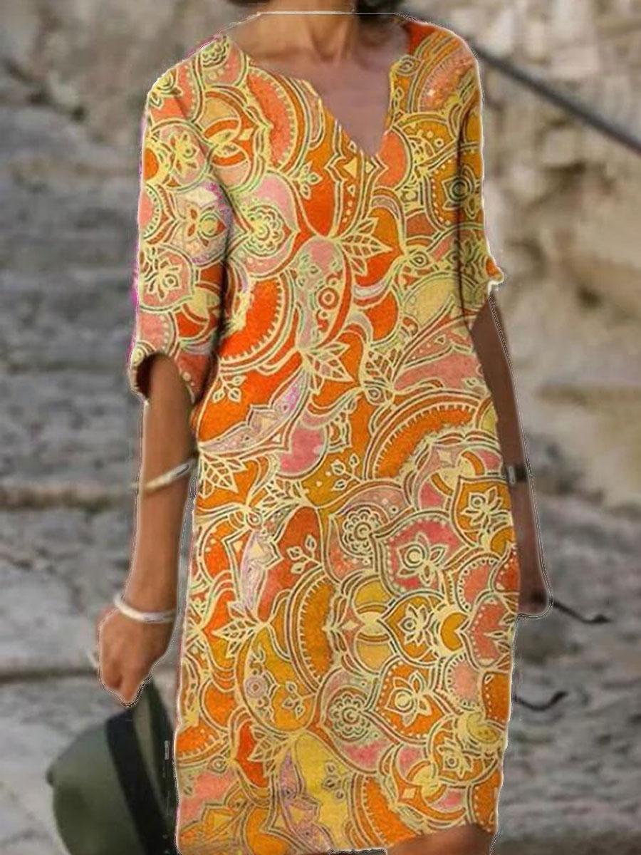 V-neck Printed Casual Loose Fashion Shift Dress