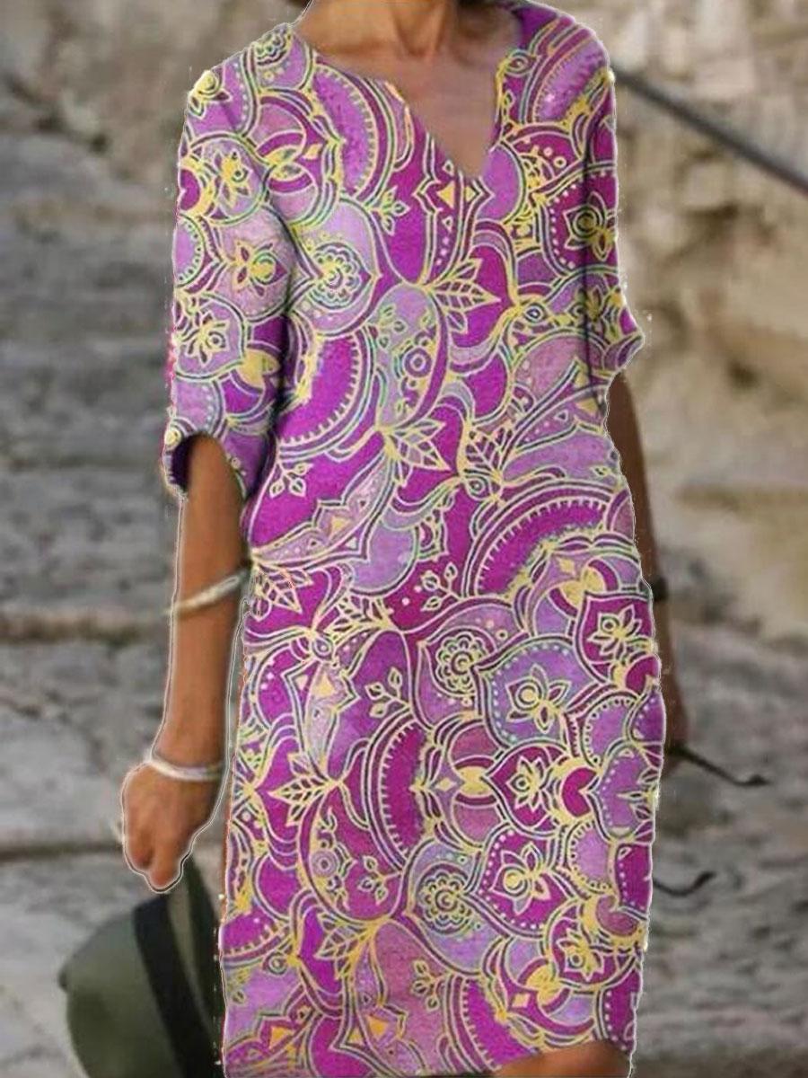 V-neck Printed Casual Loose Fashion Shift Dress