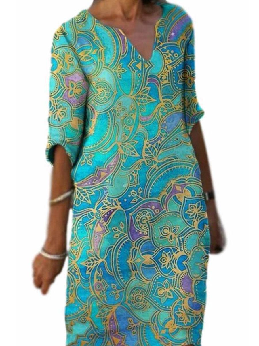V-neck Printed Casual Loose Fashion Shift Dress