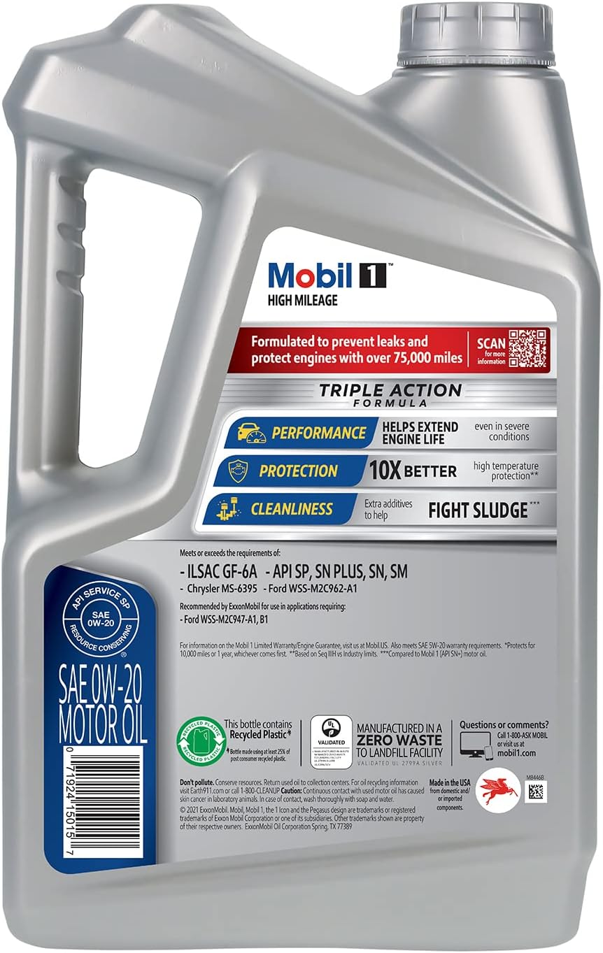 Mobil 1 High Mileage Full Synthetic Motor Oil 0W-20, 5 Quart, Gray