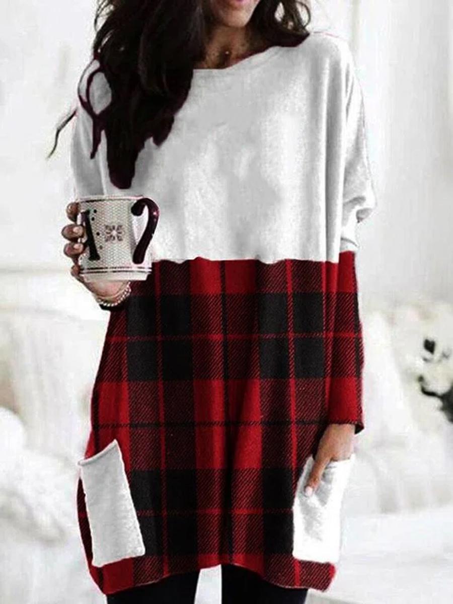 Casual Plaid Print Crew Neck Long Sleeves T-shirt