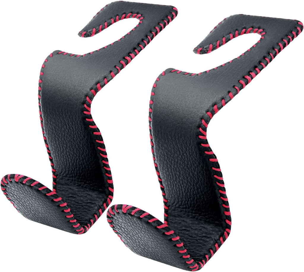 EldHus Seat Hooks for Purses and Bags, 2 Pack Car Purse Holder for Grocery Bag Handbag Clothes, Metal Headrest Hooks Covered by Leather, Black Red
