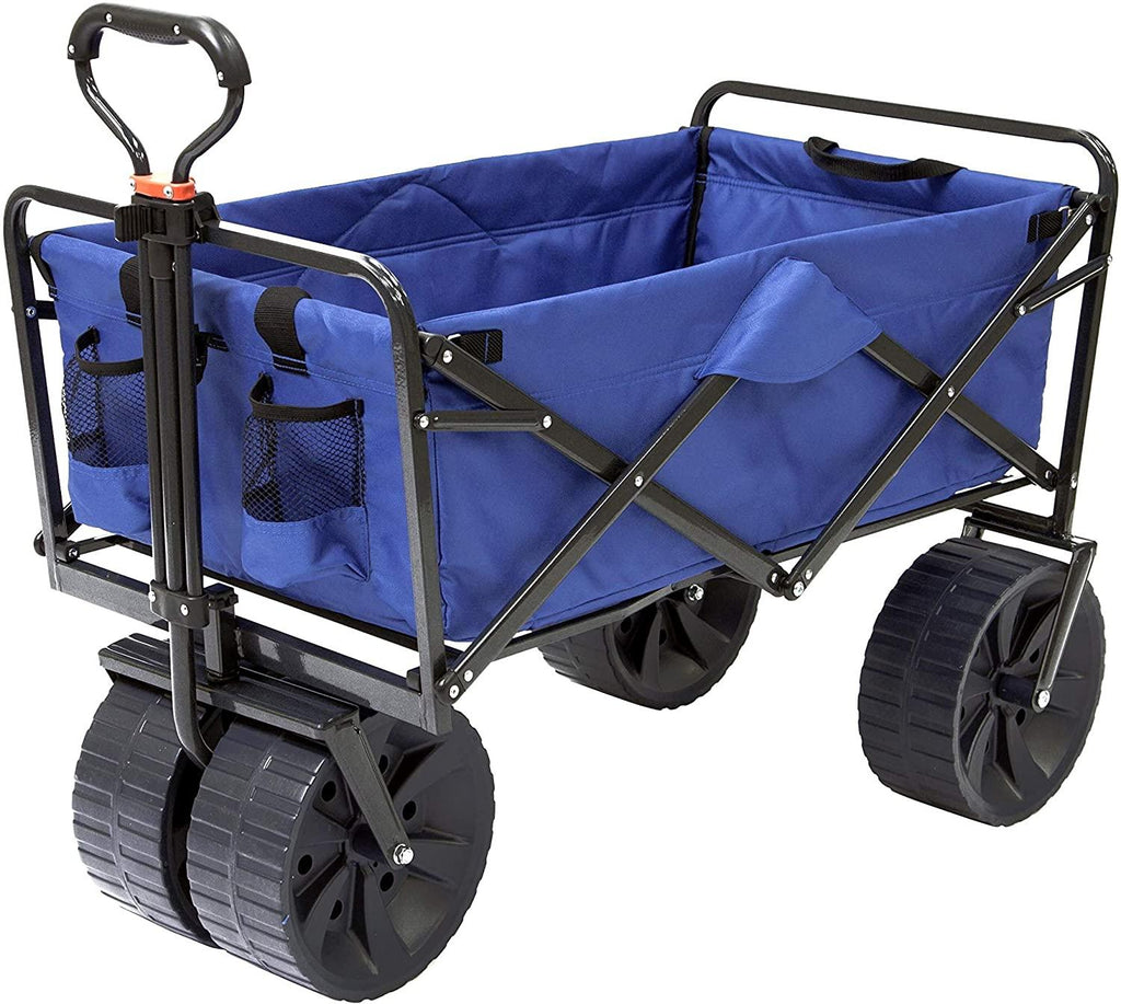 Mac Sports Heavy Duty Steel Frame Collapsible Folding 150 Pound Capacity Outdoor Beach Garden Utility Wagon Cart with 4 All Terrain Wheels, Blue/Black