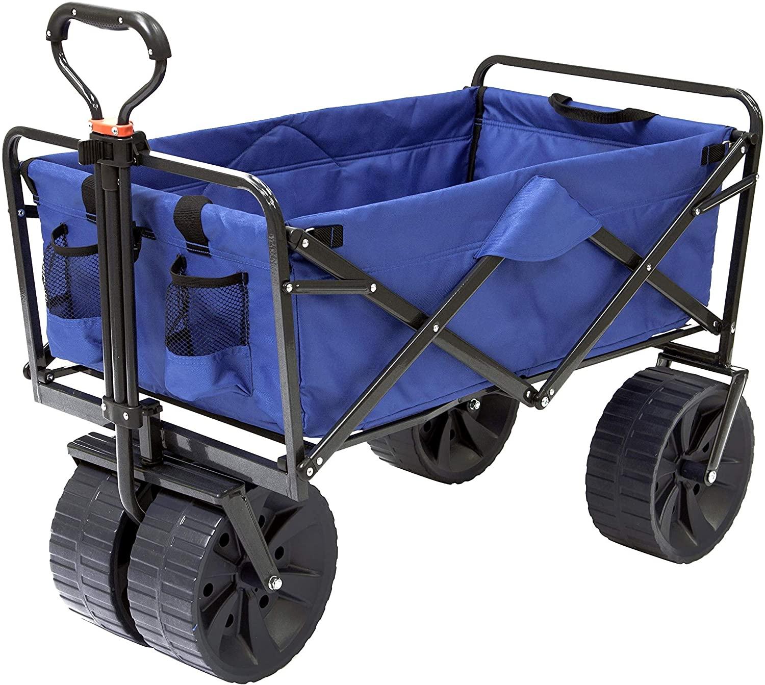 Mac Sports Heavy Duty Steel Frame Collapsible Folding 150 Pound Capacity Outdoor Beach Garden Utility Wagon Cart with 4 All Terrain Wheels, Blue/Black