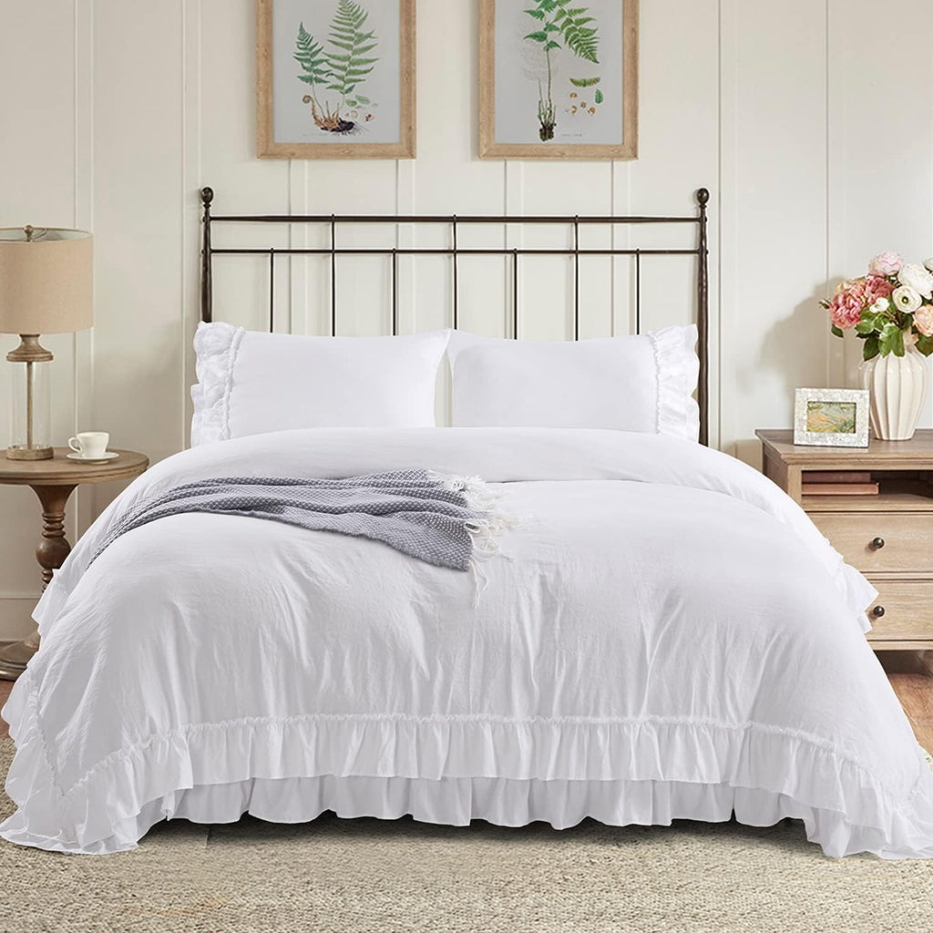 HIG 3 Piece Chic King Ruffle Duvet Cover Off - Handmade Rustic Ruffle - 100 Pre-Washed Microfiber Bedding Natural Wrinkle &amp; Breathable Zipper Closure &amp; Corner Ties (Hans), Hans-Off White