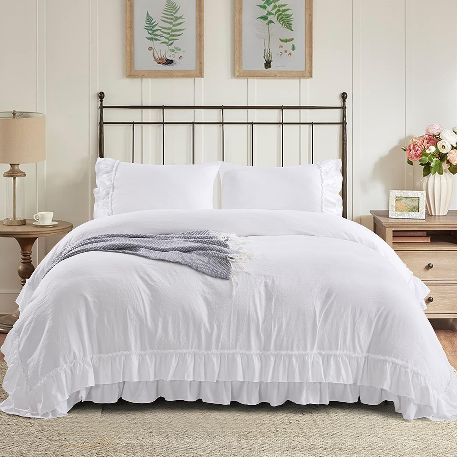 HIG 3 Piece Chic King Ruffle Duvet Cover Off - Handmade Rustic Ruffle - 100 Pre-Washed Microfiber Bedding Natural Wrinkle &amp; Breathable Zipper Closure &amp; Corner Ties (Hans), Hans-Off White