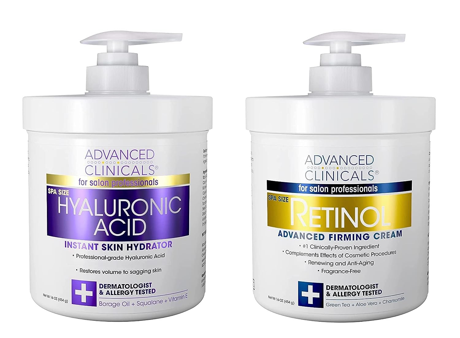 Advanced Clinicals Retinol Cream + Hyaluronic Acid Body Lotion &amp; Face Moisturizer Skin Care Set | Fragrance Free Retinol Body Cream &amp; Hyaluronic Acid Lotion For Crepey Skin, Stretch Marks, &amp; Dry Skin
