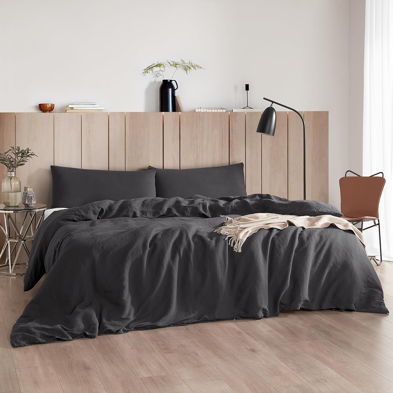 Dark Sky Reserve- Bamboo Linen Oversized King Duvet Cover - Portugal Made - Faded Black