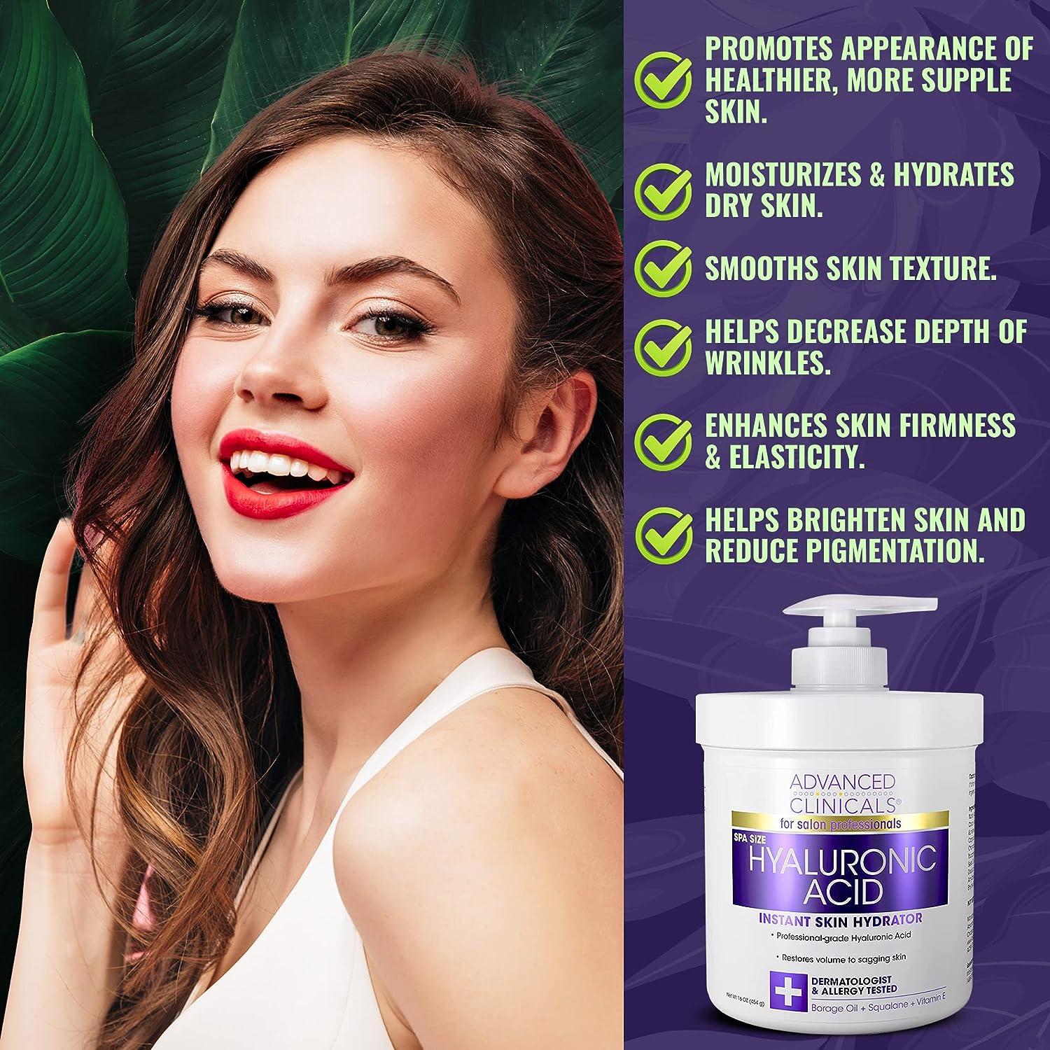 Advanced Clinicals Hyaluronic Acid Body Lotion &amp; Face Moisturizer W/Vitamin E | Hydrating Dry Skin Firming Lotion Minimizes Look Of Wrinkles, Stretch Marks, &amp; Crepey Skin | Skin Care Products, 16 Oz