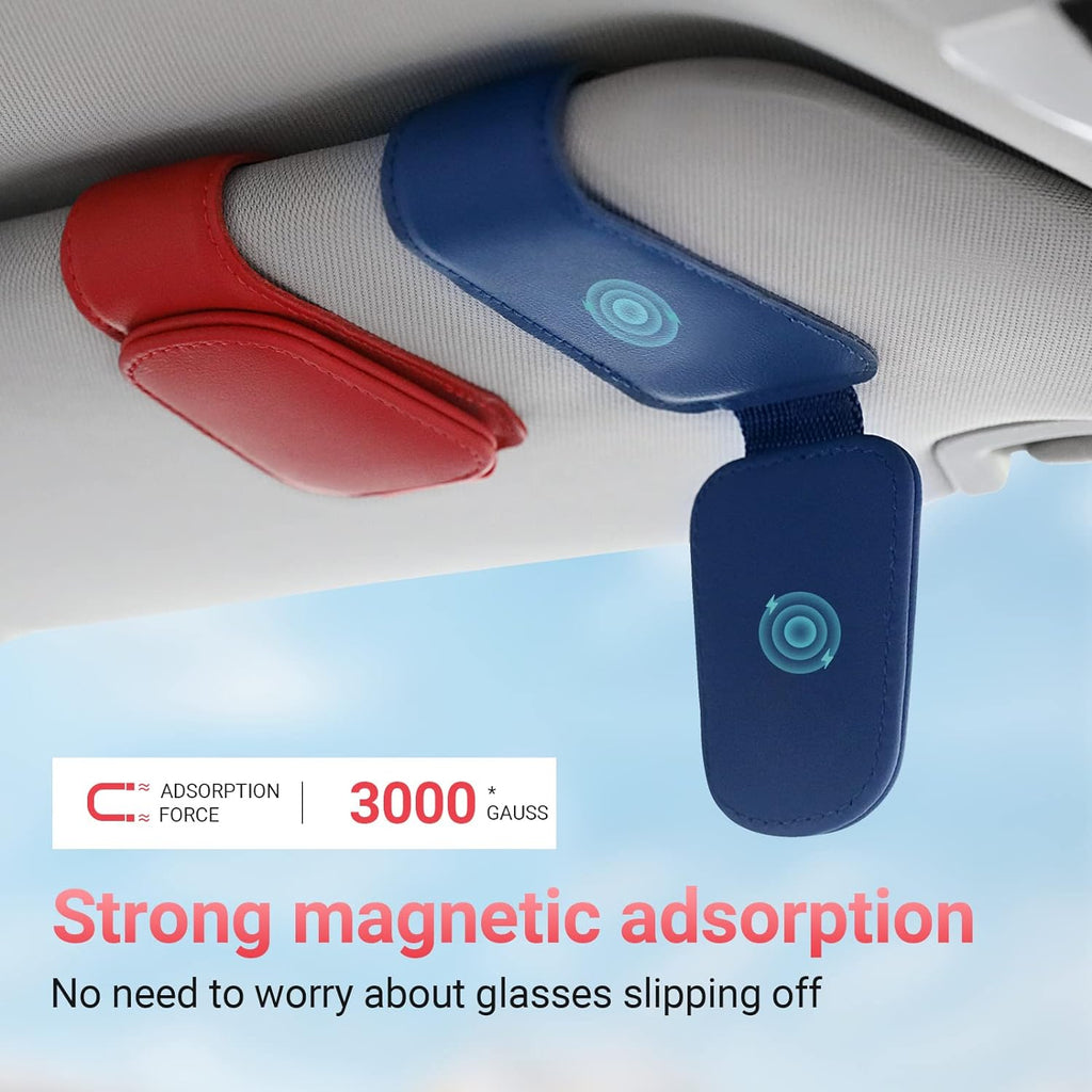 KanSmart Sunglass Holder for Car Visor Sunglasses Clip Magnetic Leather Glasses Eyeglass Holder Truck Car Interior Accessories Universal for Woman Man -Blue