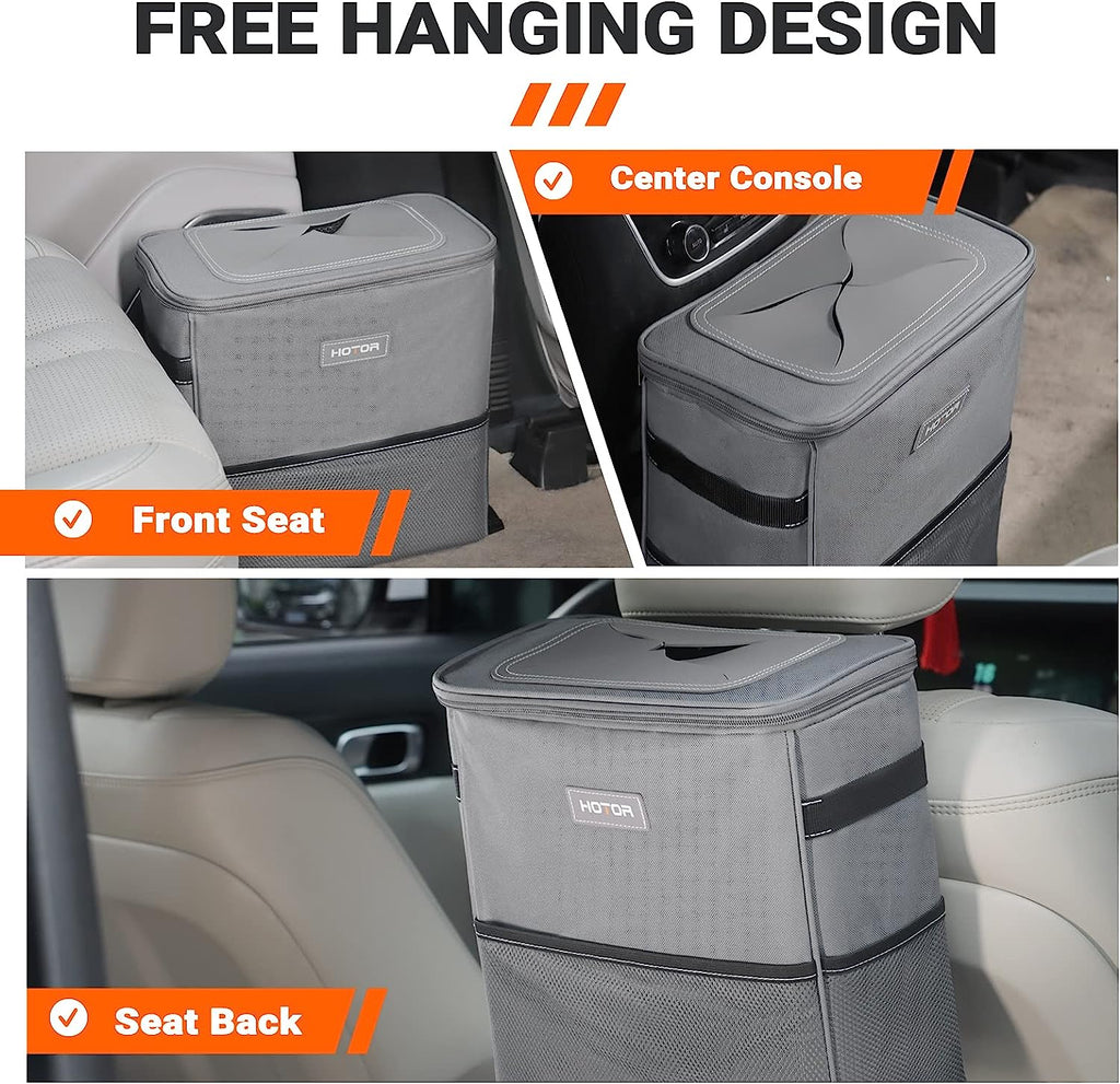 HOTOR Car Trash Can, 3-Gallon Ultra-Large Car Garbage Can, 100% Leakproof &amp; Waterproof Trash Can for Car, Multipurpose Car Trash Bin with Adjustable Straps, Magnetic Buckles, Mesh Pockets (Gray)