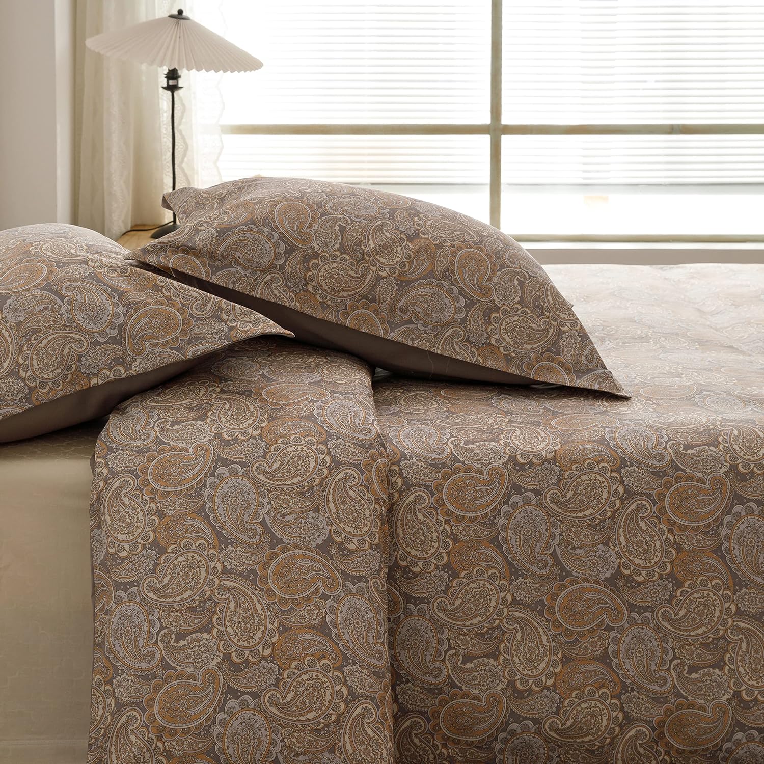 HeimenAogo Egyptian Cotton Duvet Cover Queen Size Sateen Weave, Silky Soft Boho Duvet Cover Zipper Closure, Long Staple Cotton Bed Linen Paisley Pattern 3Pcs
