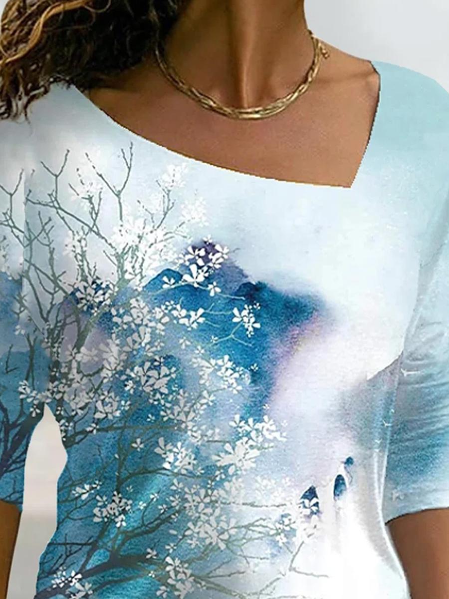 Ink And Flower Print Long-sleeved Casual T-shirt