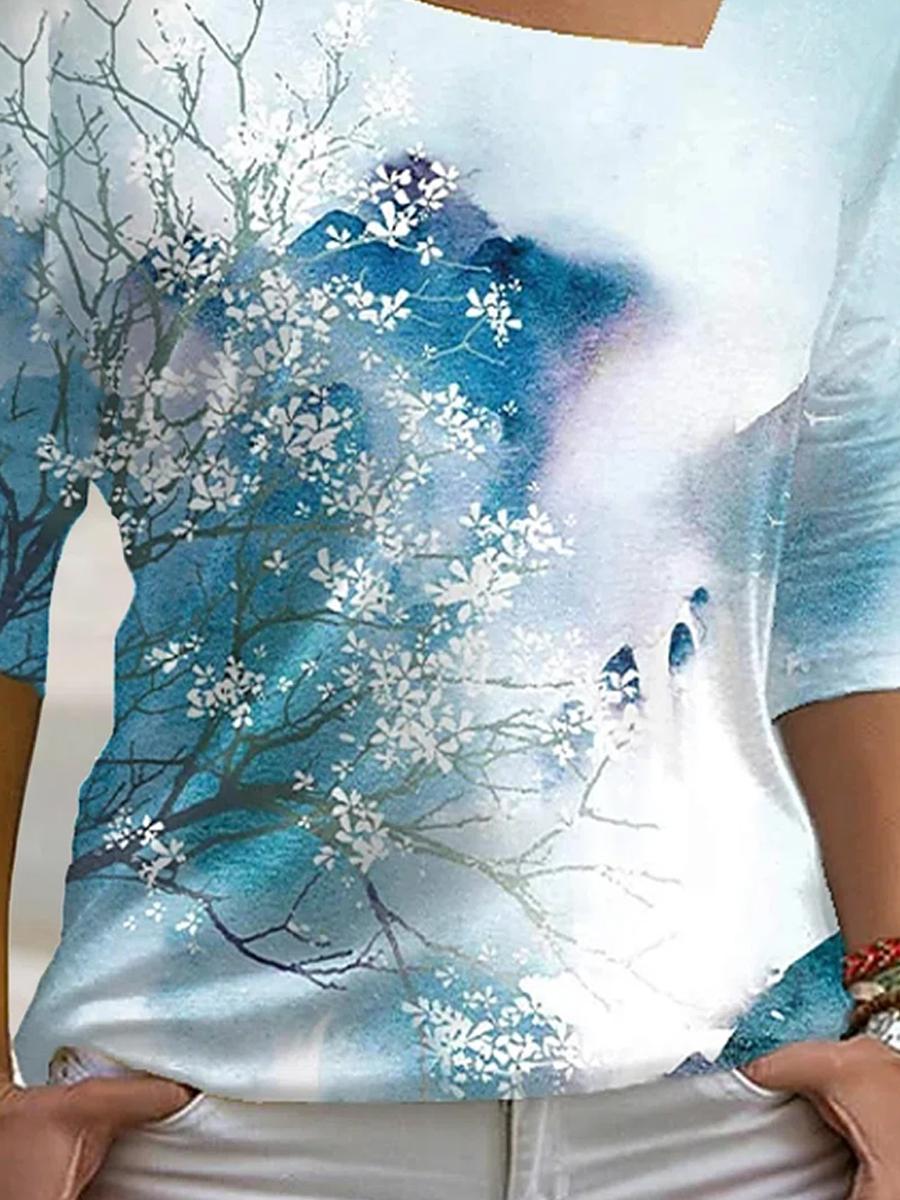 Ink And Flower Print Long-sleeved Casual T-shirt