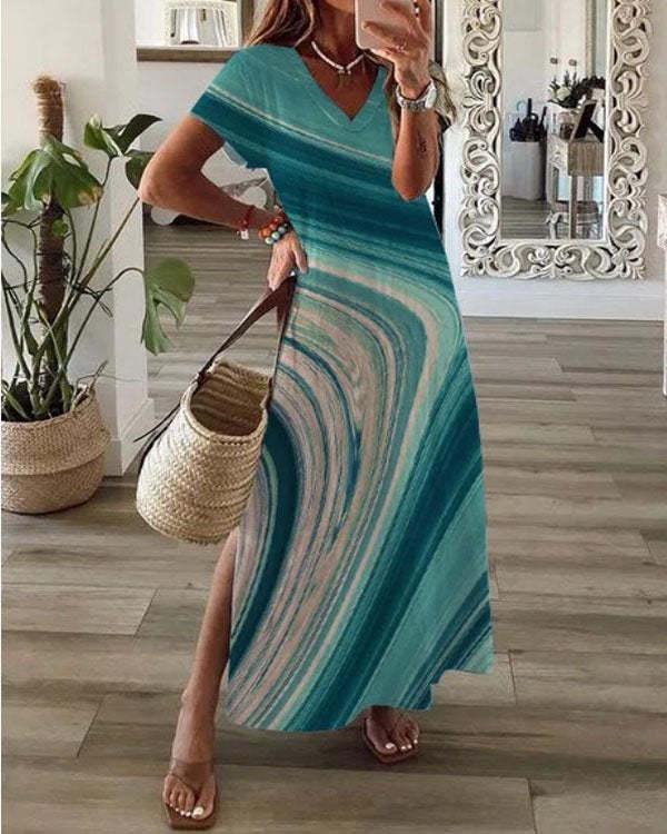 casual marble print v-neck short sleeve slit maxi dress