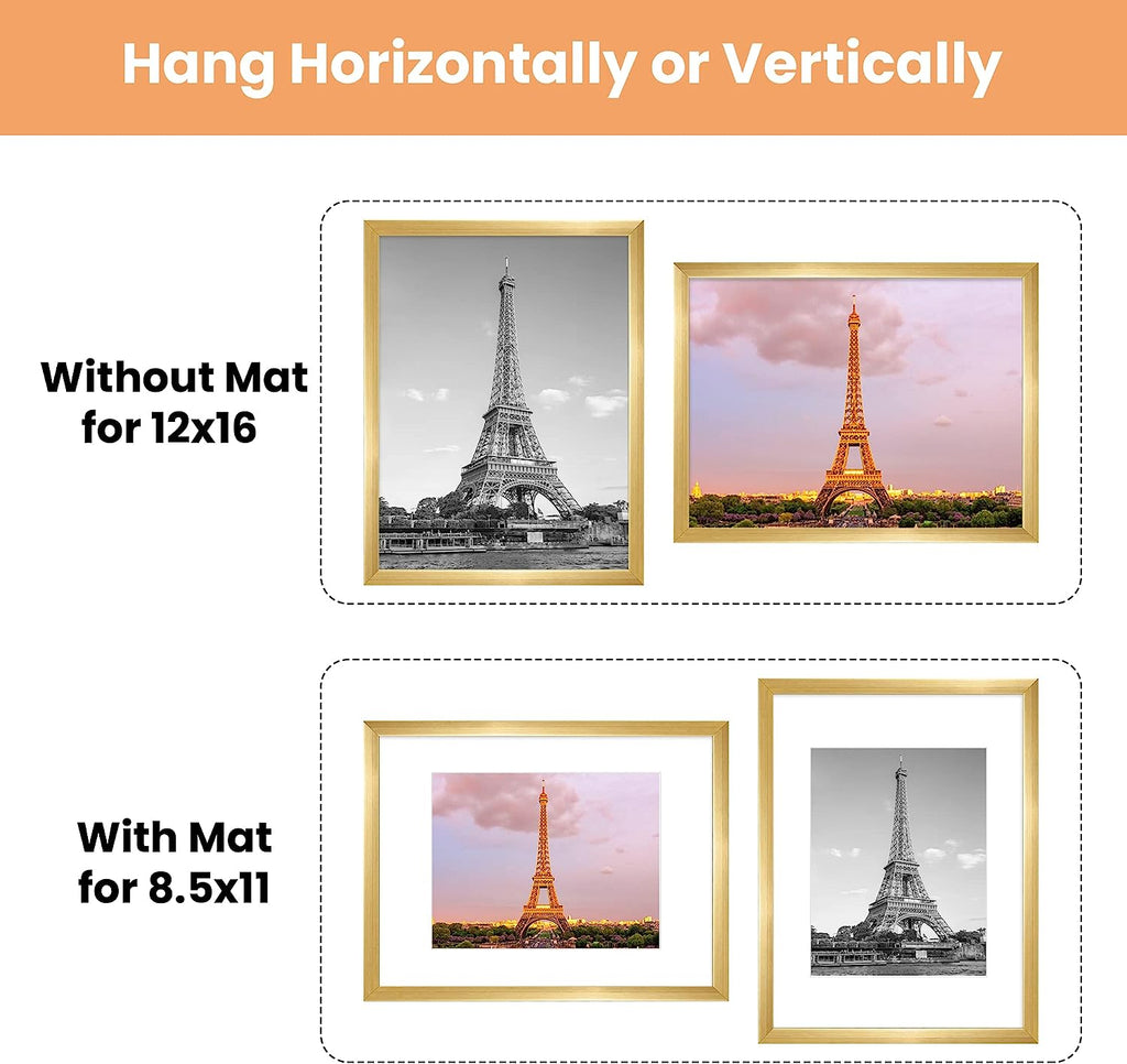 upsimples 12x16 Picture Frame Set of 5, Display Pictures 8.5x11 with Mat or 12x16 Without Mat, Wall Gallery Photo Frames,Gold