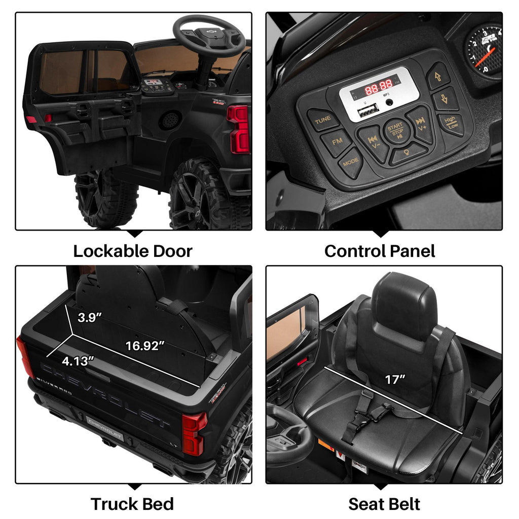 Kidzone 12V Battery Powered Licensed Chevrolet Silverado Trail Boss LT Kids Ride On Truck ATV Car, Toddler Electric Vehicles Toys w/ Remote Control, MP3/Bluetooth, Spring Suspension, LED Light, Black