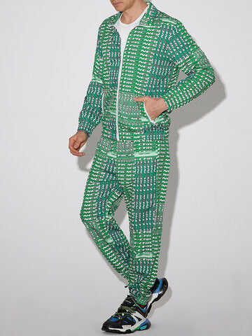 mens all over letter dot print zip jacket street two pieces outfits