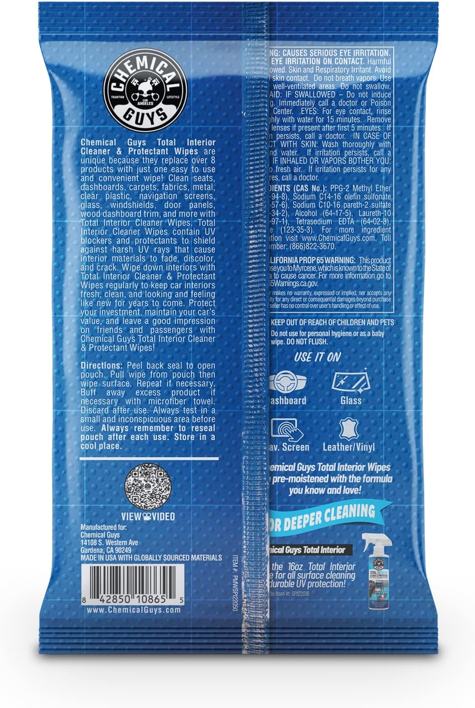 Chemical Guys PMWSPI22050 Total Interior Cleaner &amp; Protectant Wipes Mega 50 Pack, Safe for Cars, Trucks, SUVs, Jeeps, Motorcycles, RVs &amp; More ( 50 Ct)