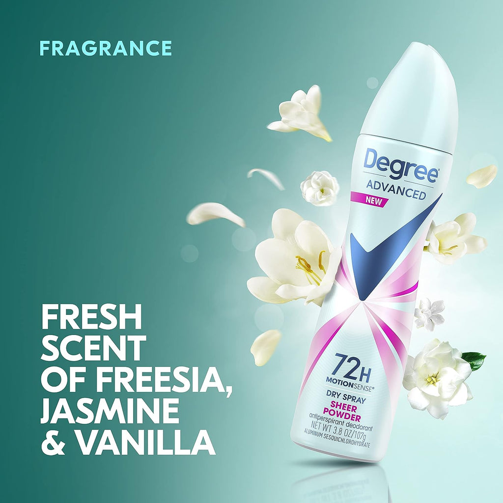 Degree Advanced Antiperspirant Deodorant Dry Spray 72-Hour Sweat and Odor Protection Sheer Powder Deodorant Spray For Women With MotionSense Technology 3.8 oz, Pack of 3