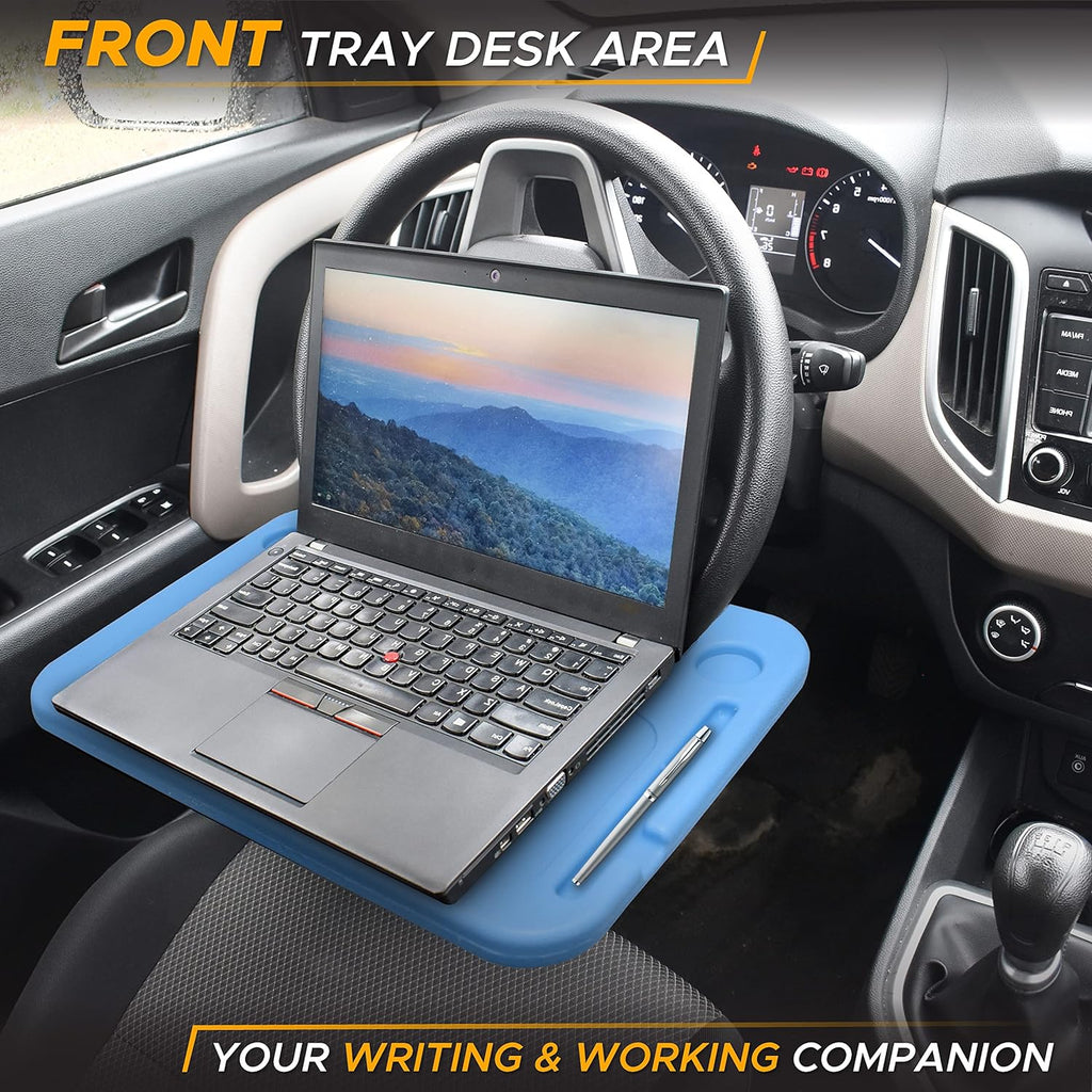 EcoNour 2 in 1 Car Steering Wheel Desk (Blue) | Steering Wheel Tray for Laptop Car Mount with Pen Holder | Car Food Tray for Eating with Drinks Holder | Multipurpose Travel Car Accessories