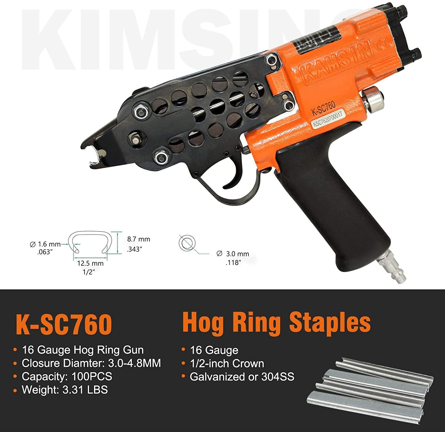 K-SC760 16 GauPneumatic C Ring Gun, 1/2-Inch 3.0-4.8mm Closure Diameter Hog Ring Staples, Automatic Hog Ring Plier, Hog Ring Tool for Fencing, Cages (K-SC760 C Ring Gun)