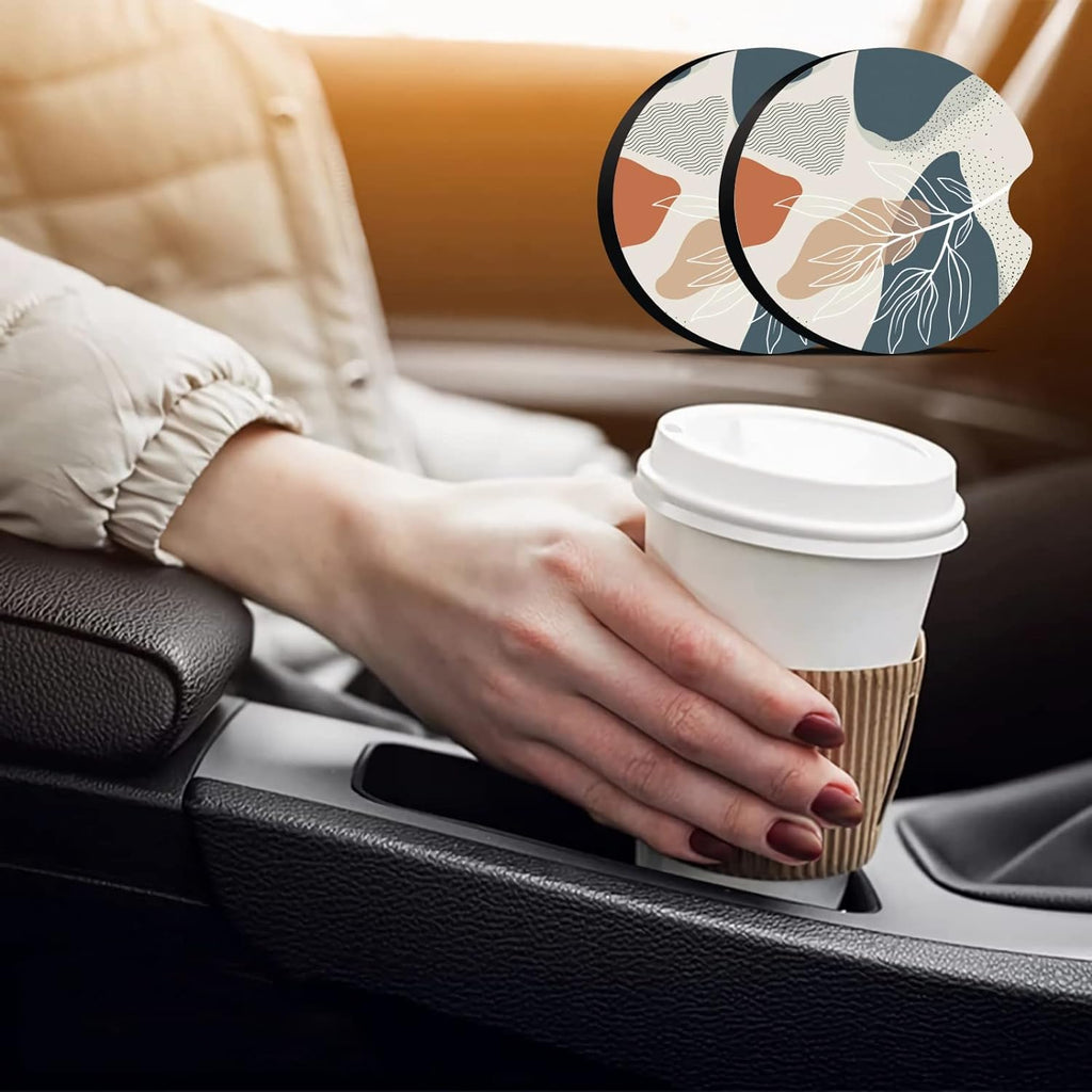 Oppsviust Car Cup Holder Coaster, Car Coasters for Cup Holders, 2PCS Universal Anti Slip Car Assecories, 2.75in Cute Car Coaster with A Finger Notch, Rubber Car Cup Mat for Women Wen(Abstract Leaf 01)