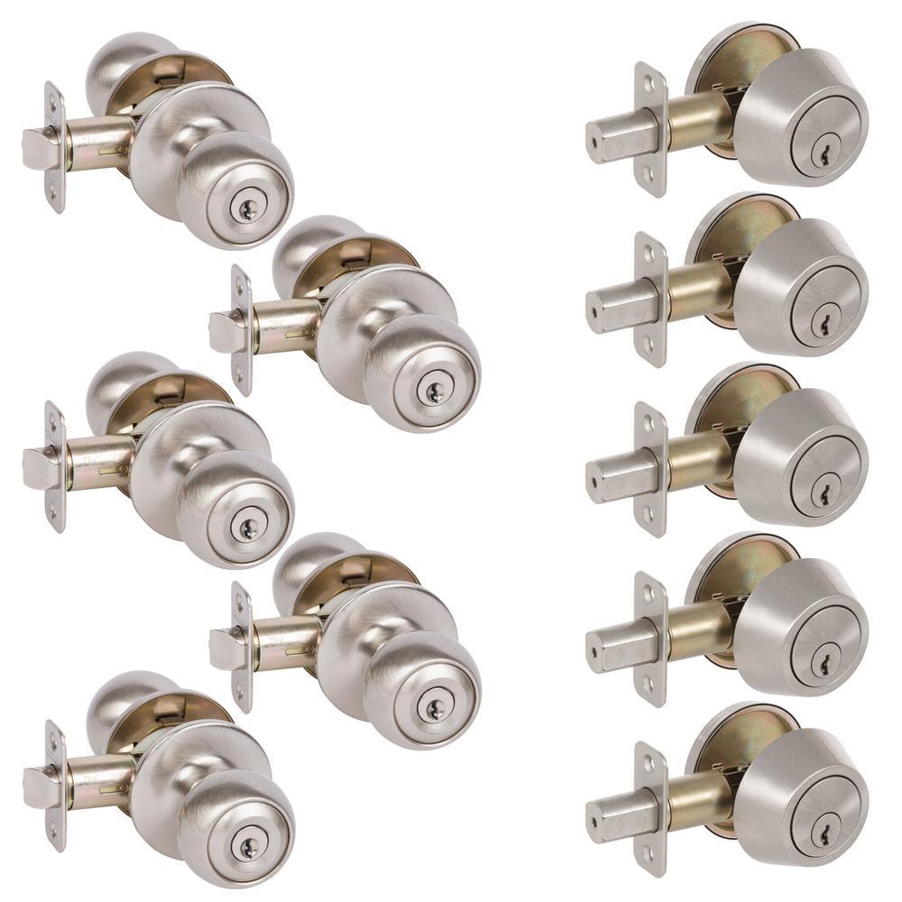 5-Fairfield Satin Nickel Round Entry Door Locks and 5-Satin Nickel Single Cylinder Deadbolts All Keyed Alike