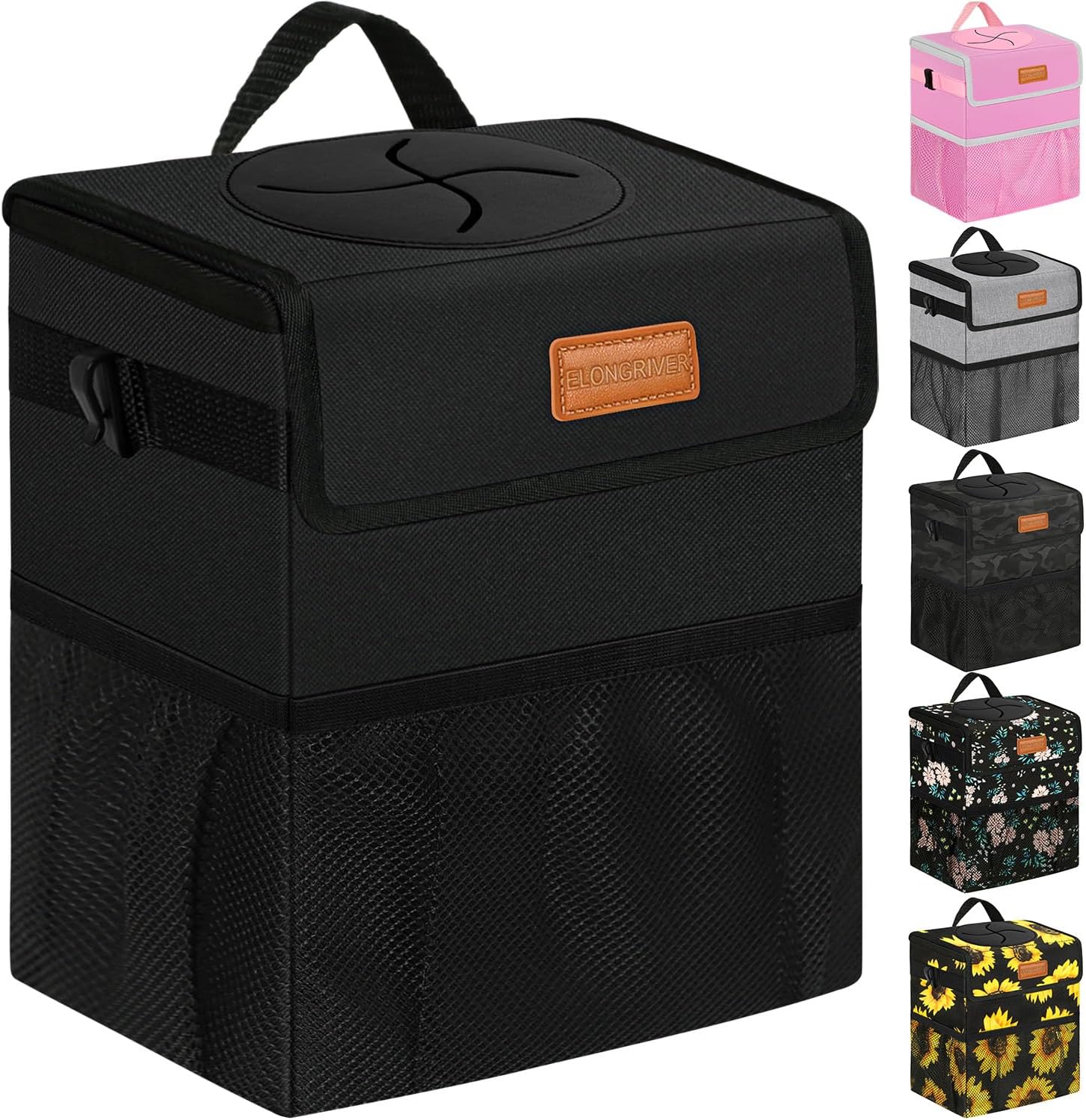 ELONGRIVER Car Trash Can Bin for Car Back Seat Leak Proof, Cute Car Trash Bag Hanging, Vehicle Trash Can for SUV Truck Van, Automotive Car Garbage Cans Front Seat Black