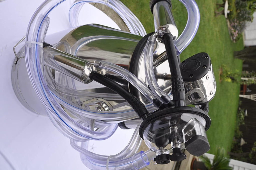 Portable Cow Bucket Milker Station w/ 25 Liter SS Milk Pail Tank+Lid/Rubber Liner+Pulsator L80+Milk Claw Cluster+MilShells Teat-Cups+Liners+ Clear PVC Milk Air Hoses get in Vacuum line to Milk