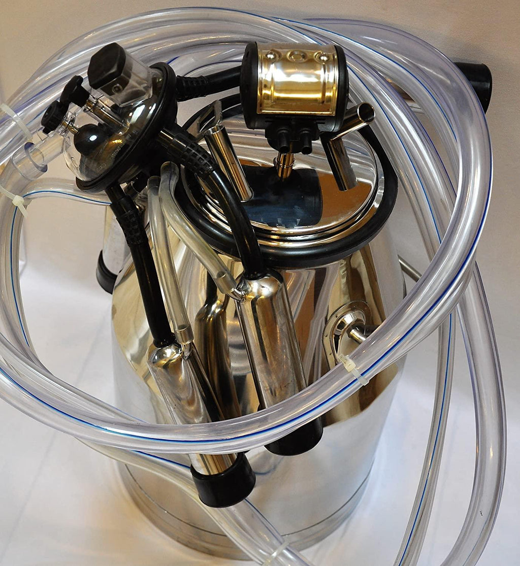 Portable Cow Bucket Milker Station w/ 25 Liter SS Milk Pail Tank+Lid/Rubber Liner+Pulsator L80+Milk Claw Cluster+MilShells Teat-Cups+Liners+ Clear PVC Milk Air Hoses get in Vacuum line to Milk