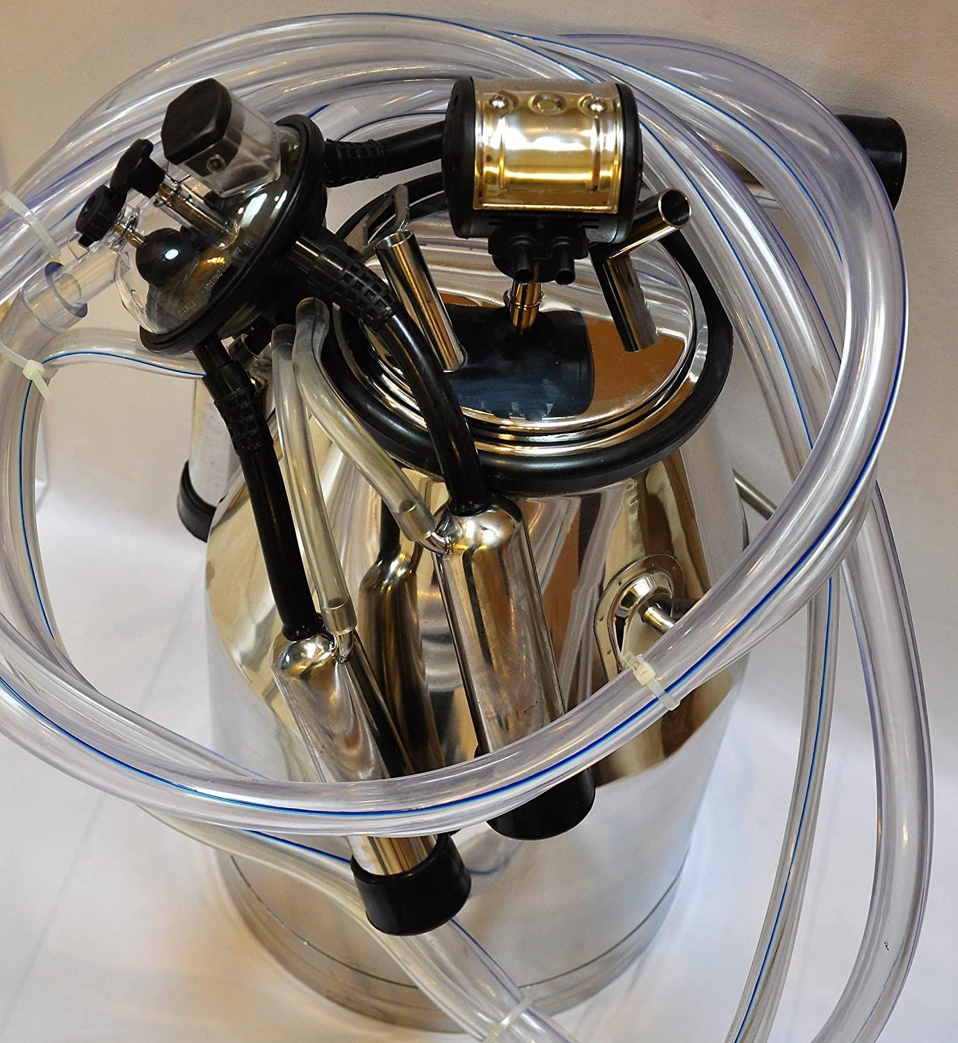Portable Cow Bucket Milker Station w/ 25 Liter SS Milk Pail Tank+Lid/Rubber Liner+Pulsator L80+Milk Claw Cluster+MilShells Teat-Cups+Liners+ Clear PVC Milk Air Hoses get in Vacuum line to Milk