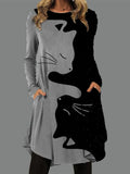 Ladies Round Neck Printed Casual Long Sleeve Shift Dress