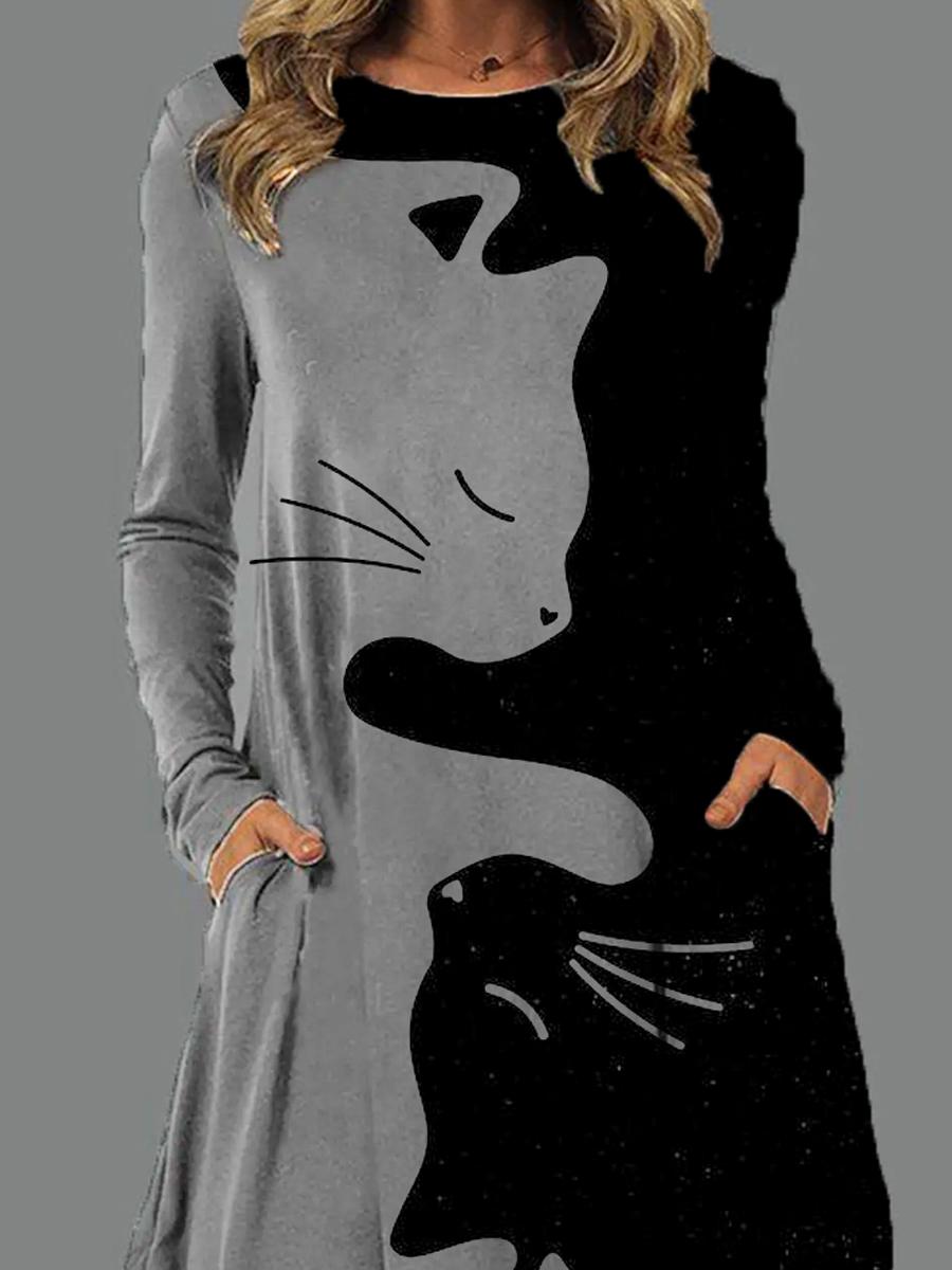 Ladies Round Neck Printed Casual Long Sleeve Shift Dress