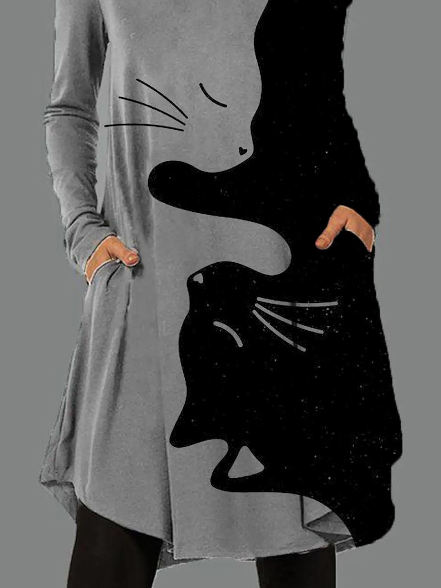Ladies Round Neck Printed Casual Long Sleeve Shift Dress