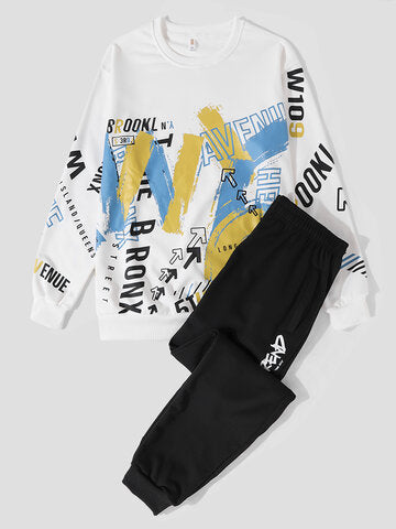 mens letter brush stroke print crew neck street two pieces outfits