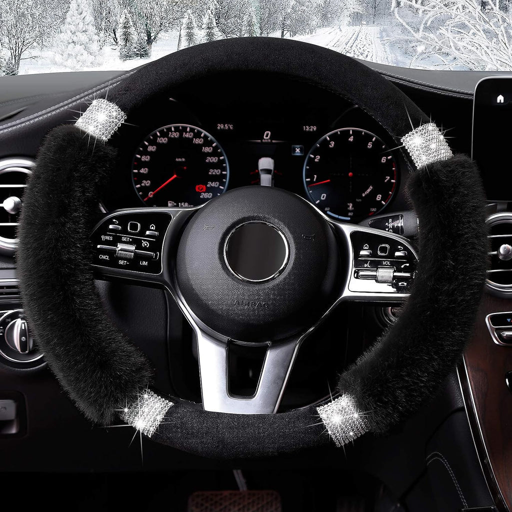 Achiou Rhinestone Fluffy Steering Wheel Cover - Comfortable Non-Slip Luxury Faux Wool, Universal Fit for 14.5" to 15" Steering Wheels