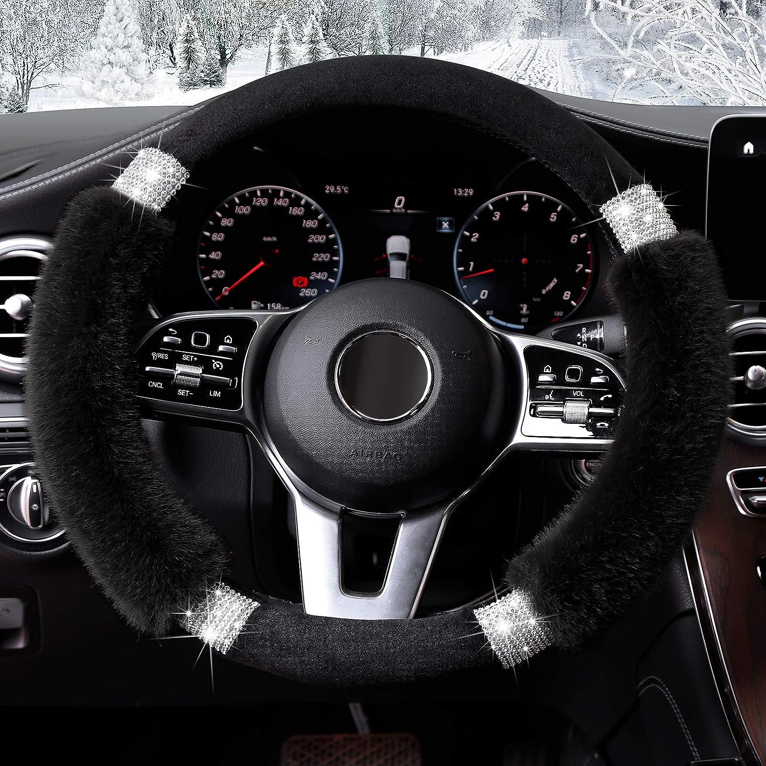 Achiou Rhinestone Fluffy Steering Wheel Cover - Comfortable Non-Slip Luxury Faux Wool, Universal Fit for 14.5" to 15" Steering Wheels